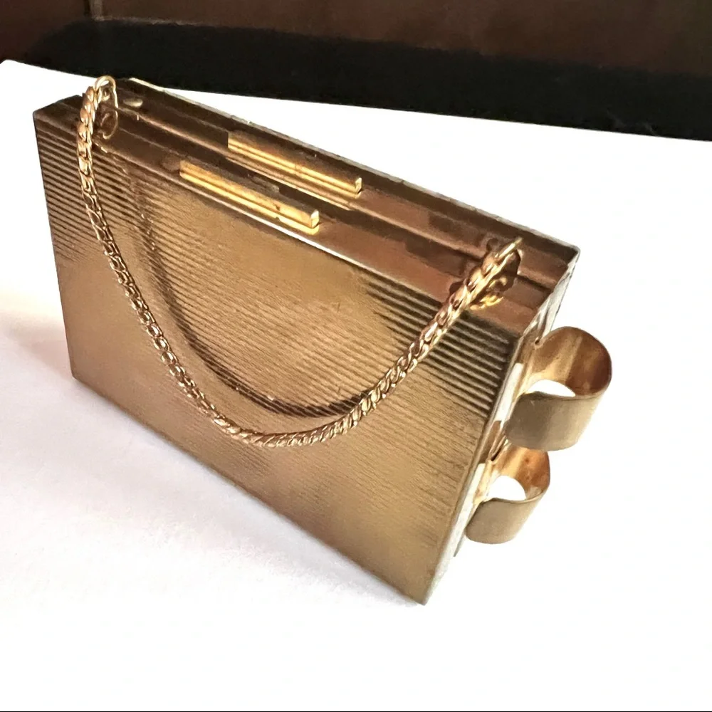 Retro Vintage Gold Tone Metal Glitter Compact Makeup Bag Purse Case Travel